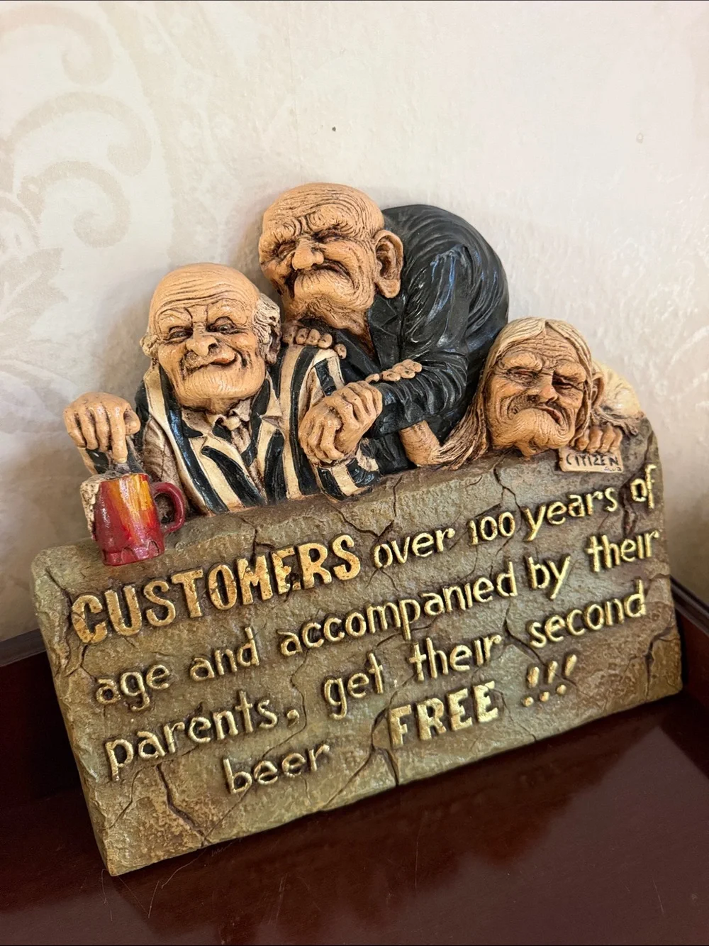 Vintage Humorous Pub Wall Plaque in Tan, Black, Cream and Red
